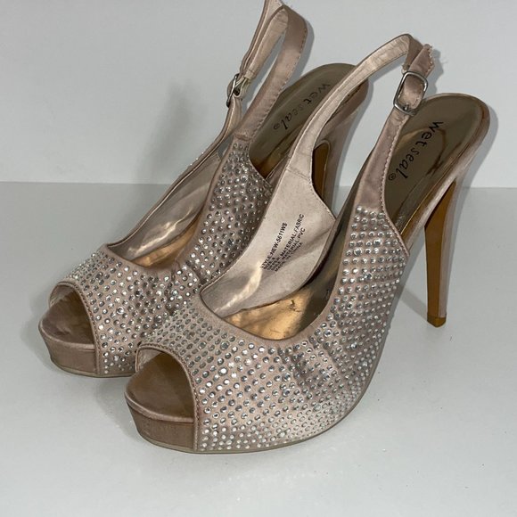 WET SEAL Champagne/Gold Nude Rhinestone Bedazzled Bombshell Heels w Strap - Sz 8 - Picture 2 of 7